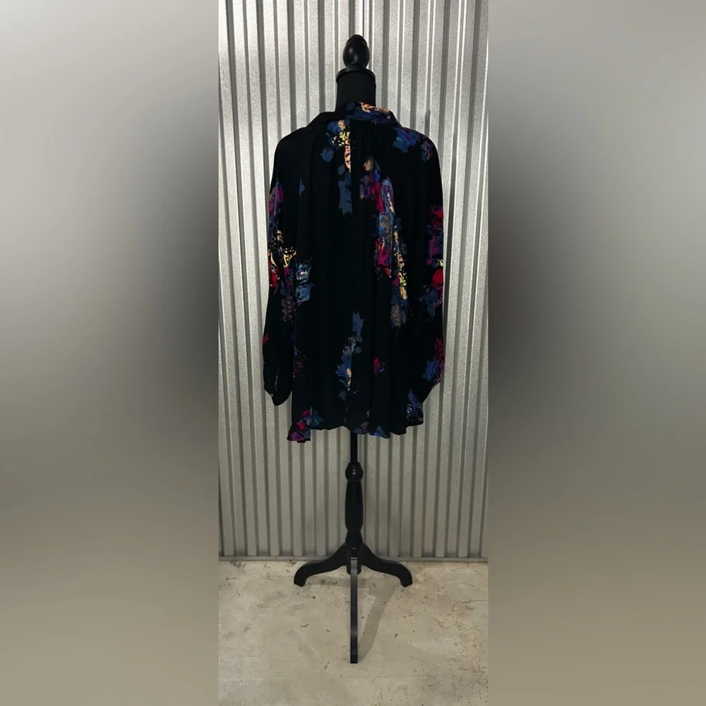 Women’s Free People Black Blue Button Down Long Sleeve Floral Mini Dress Small - Picture 2 of 4